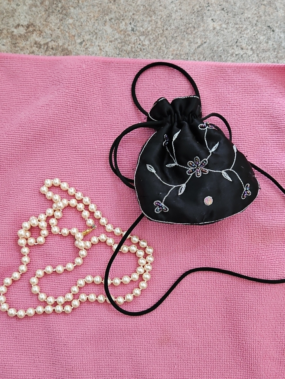 Pearl Necklace With Black Embroidered Satin Drawstring Pouch - Women Accessories